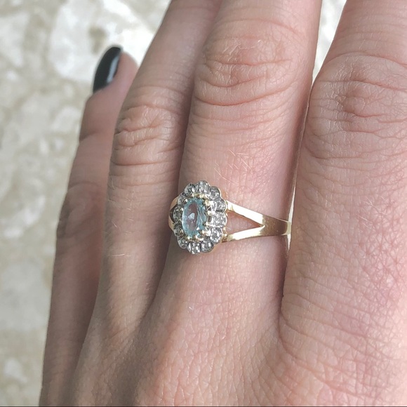 Sky Blue Topaz & Flower Diamond Halo Gold Ring - Picture 5 of 8